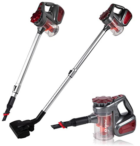 alpina Handstaubsauger - 3-in-1 - Kabelgebunden - 600W - Beutelloser Staubsauger - Kombibürste und Bodenbürste, Rot, Grau