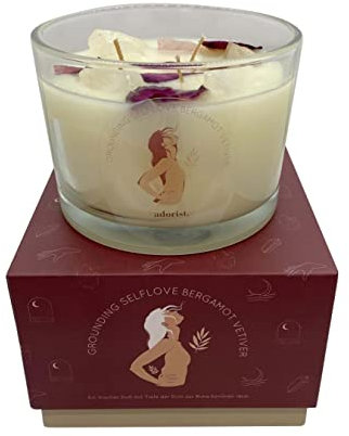 Adorist 3 Docht Duftkerze aus Sojawachs mit Kristallen Grounding Selflove Bergamot & Vertiver zum Durchatmen & Runterkommen