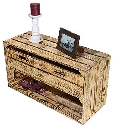 Truhenking Breite Regalkiste mit 2 Böden und Schubladen I Bücher, Schuhe, Geschirr I Holzregal | Küchenregal (Geflammt mit Schublade 68x40,5x31cm)