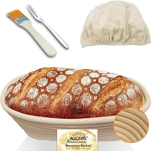 Walfos® Cesta de fermentación ovalada Banneton para hornear pan, incluye ratán 100 % natural, cepillo, tenedor de pan y funda de lino, ideal para panaderos caseros y profesionales, 25 cm