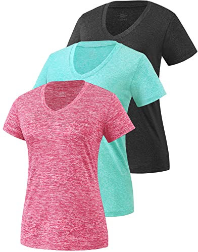 Star Vibe 3 Pack Women's Short Sleeve Dry Fit T-Shirts Moisture Wicking Athletic V-Neck Gym Tee Exercise Yoga Tops Black/Cyan/Rose M