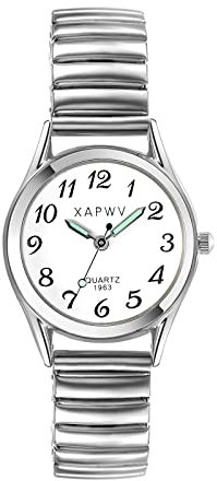 JewelryWe Women's Ultra Thin Easy Reader Watch with Elastic Strap Golden/Silver Tone Stretch Band Watches for Christmas Xmas, silver strap luminous hands - 6.3, (6.3in - 7.87in), Quartz Movement