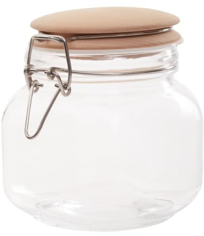 Premier Housewares Midsize 800 Ml Square Crystal Glass Exquisite Storage Jar For Kitchen With Round Wooden Lid And Clip Lock Clasp, W11 x D11 x H13 cm