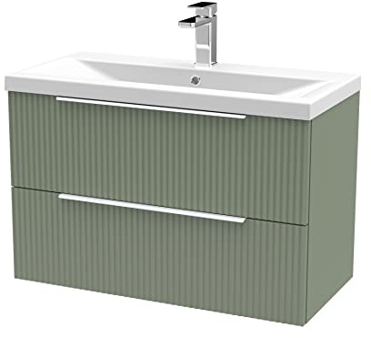 Hudson Reed DFF895A Fluted Modern Bathroom Wall Hung 2 Drawer Vanity Basin Unit with Mid-Edge Ceramic Basin, 800mm, Satin Green