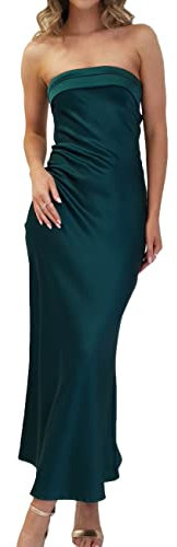 Realtix - Vestido Largo de satén y Seda para Mujer, sin Espalda con Parte Superior Estilo Tubo, Espalda Baja y diseño Hueco, Elegante, sin Tirantes, para invitadas a Bodas, Verde Oscuro, M