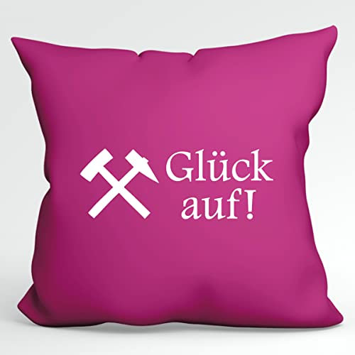 huuraa Kissen Glück auf! Ruhrpott Deko Sofa Cushion Bezug 40x40cm Fuchsia mit Bergbau Motiv Geschenk Idee für Freunde und Familie