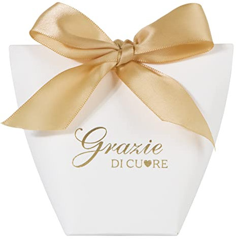 25pz Bomboniere Portaconfetti Matrimonio Anniversario 50 Anni Scatoline Segnaposto Grazie di Cuore con Nastri Oro Regalo per Festa Comunione Cresima Compleanno
