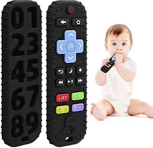 Zahnen Beißringe Spielzeug für Babys 0-6-12 Monate Geschenke, Fernbedienung Baby Zahnungshilfe für 3 6 9 Monate Kleinkind Autismus, Lebensmittelqualität Silikon Badespielzeug, Schwarz