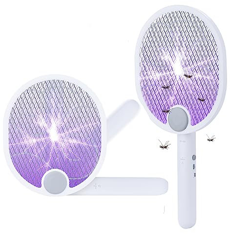 Feloyal Raqueta Matamoscas Electrica, 3 en 1 Raqueta Antimosquitos Eléctrico Plegable 2200V USB Recargable 1200mAh Raqueta Mata-Mosquitos para Interior y Exterior