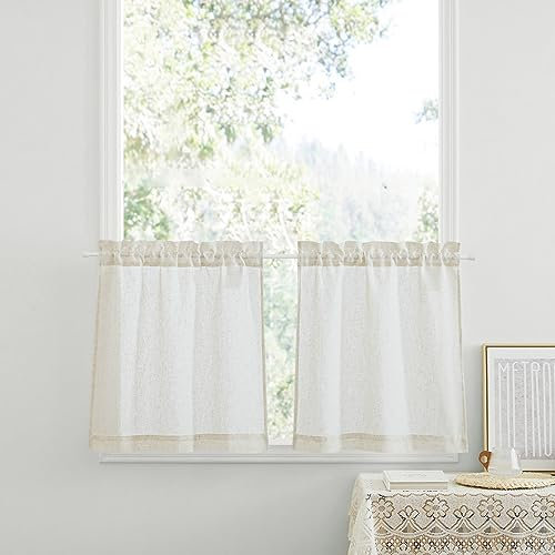 PONY DANCE Scheibengardinen Leinen Gardinen für Küche Kleine Fenster Halbtransparente Vorhänge im Landhausstil Wohnzimmer Kurz Linen Curtains, 2 Stücke B 60 x H 120 cm, Beige