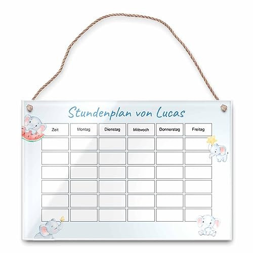 Personalisierter abwischbarer Stundenplan aus Acryl Glas - Elefanten Motiv für einen starken Schulstart - Praktisch zum Aufhängen an der Wand - Geschenkidee zur Einschulung