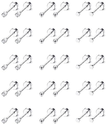 Adramata Piccoli Orecchini a Bottone per Uomo Donna Acciaio Chirurgico Orecchini Cerchio Orecchini Punto Luce Set Piercing Multipli Ipoallergenici Tragus Cartilagine Orecchio Piercing Gioielli, 20G，AS