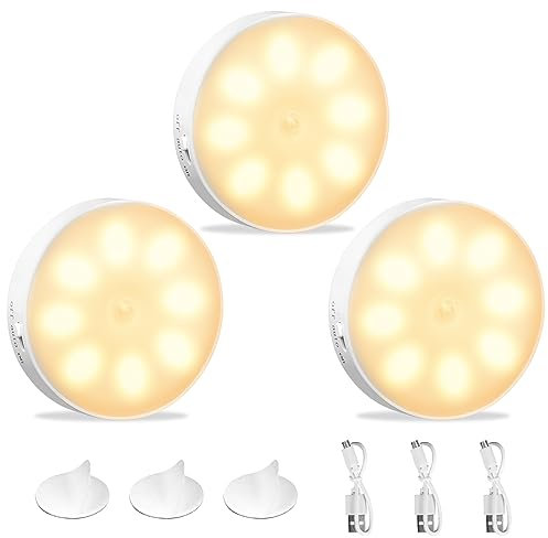 KEWUZY 3-pack Luz Nocturna Sensor Movimiento, Luz Nocturna LED Recargable por USB, Luz de Armario, 8 LED, 3 Modos (Auto/On/Off) para Armarios, Pasillo, Escalera, Sótano, Garaje(Amarillo Cálido)