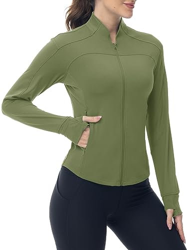 YSENTO Damen Sportjacke Laufjacke Funktionsjacke Wanderjacke Leicht Langarm Yoga Gym Sport Oberteil Atmungsaktive mit Daumenloch(Grün,M)