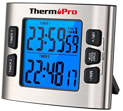 ThermoPro TM02 Digital Kitchen Timer with Dual Countdown Stop Watches, Magnetic Timer Clock, Adjustable Loud Alarm, Backlight LCD Big Digits, 24 Hour for Kids & Teachers