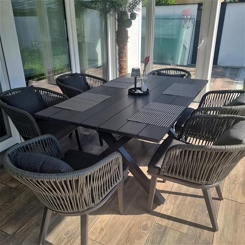 PURPLE LEAF 7-TLG Alu Gartenmöbel Set PE Rattan 6 stühle mit Tisch, Grau | Bequeme Polsterung, Robuster Alurahmen, Modernes Design, Allwetter PE-Rattan, Terrassenmöbel Esstisch mit 6 Stühlen