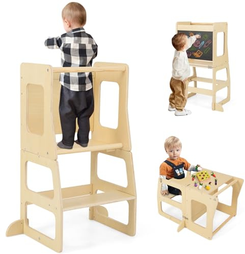Costzon 3-in-1 Kleinkindturm, Kinder-Küchen-Tritthocker mit Kreidetafel, Faltbarer Kindertisch und Stuhl-Set, Montessori-Stehturm zum Lernen, Kleinkind-Küchenhocker-Helfer für Theke, Badezimmer