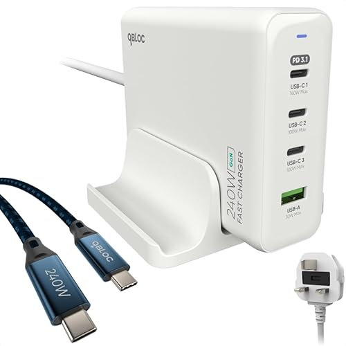 qBLOC 240W USB C GAN Charger, 140W Multi-Port Desktop Charger for 2 Laptops, Macbook Pro, iPhones, Tablets and More