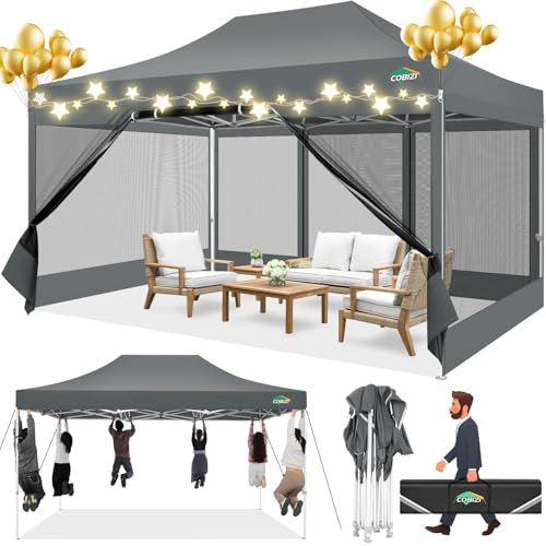 COBIZI Pavillon 3x4.5m Faltpavillon 3x4.5m Wasserdicht Stabil, Pop up Pavillon Faltbar, Partyzelt Gartenpavillon, Pavillion Klappbar UV-Schutz mit 4 Seitenwänden aus Mesh, Grau