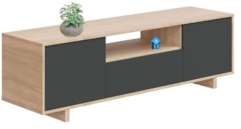 Miroytengo Mesa de Televisión Comedor Salón Zaira con 3 Puertas Color Gris y Roble 150 cm