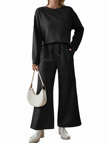 IFFEI Zweiteiler Damen Hausanzug Gerippte Strick Lounge Set mit Langarm Rundhals Pullover und Lange Hose Freizeitanzug Tracksuit 2 Teiler Set Outfit Schwarz Medium
