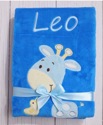 BotoBaby® - Babydecke mit Namen und Geburtsdatum - Geschenk Taufe Geburt ★ (Dunkelblau - Giraffe)