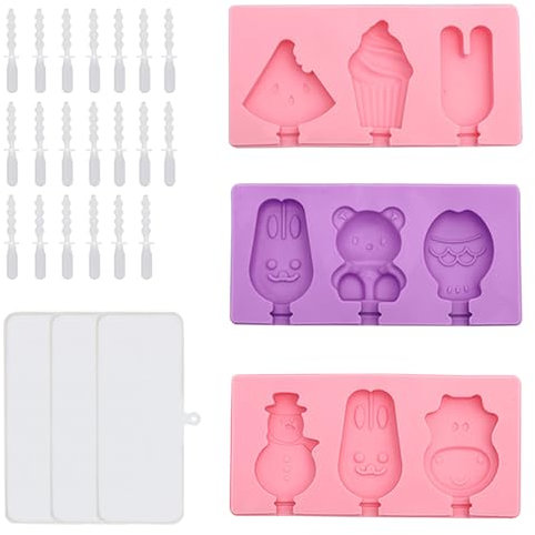 JSTHHTT 3 Piezas Moldes para Helados, Moldes de Paletas para Polos DIY para Niños, Molde de Helado de Silicona 3 Cavidades con 20 Palos Reutilizable (Animales)