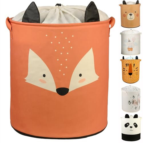 MUVAX Faltbarer zylindrischer Wäschekorb aus Leinenstoff, Großer Aufbewahrungskorb für Babyzimmer, Spielzeug, Decken und Kleidung - Organizer für Kinderzimmer und Zuhause (Fuchs-Motiv)