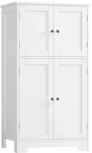TEENFON Bathroom Floor Storage Cabinet, Freestanding Bathroom Storage Unit with 2 Adjustable Shelves & 4 Doors, White
