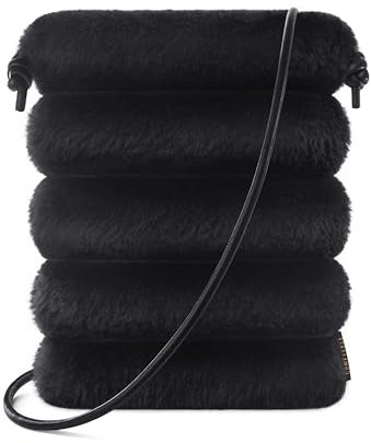 Comfyable Kleine Umhängetasche für Damen, Kunstfell, flauschig, gesteppt, Handy-Geldbörse mit Gurt, Mini-Plüsch-Puffer, Schwarz, Schwarz , Medium