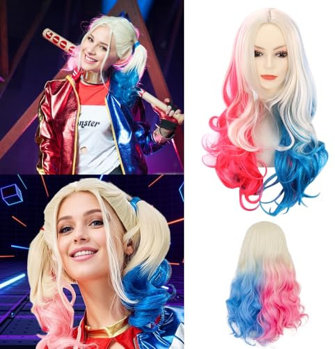 LOMUG Halloween Quinn Cosplay Perücke: Rosa blaue Kostüm Perücke Suicide Squad, Filmheldin Cosplay Perücke, Kostüm Perücke für Damen Mädchen Halloween Karneval Mottopartys Verkleidung
