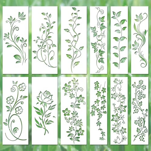 12pcs Leaf Vine Stencils, Leaves & Flower Stencil Reusable Floral Stencil Spring Drawing Templates for Painting on Walls DIY Craft Canvas Home Decor Wall Art