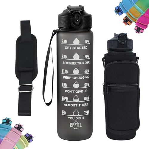 Marludex Sport-Trinkflasche, 1 l, mit Strohhalm, Sport-Trinkflasche mit Hülle, BPA-frei, Wasserflasche für Sport, motivierende Wasserflasche