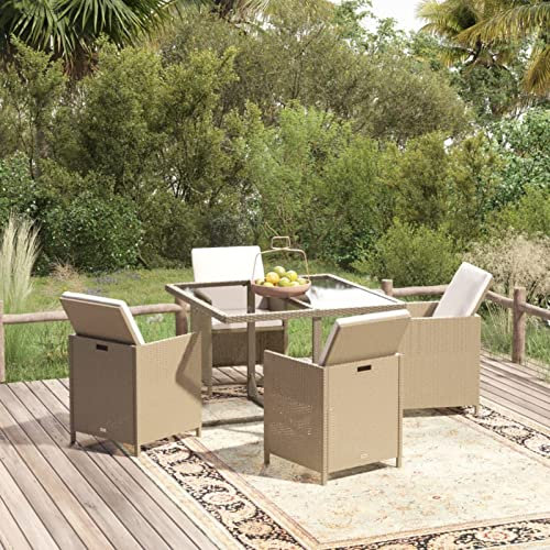 IKAYAA Garten Sitzgruppe 4 Personen Rattan Gartenmöbel Set 4 Personen Balkonmöbel 4 Personen Rattan Gartengarnitur mit Auflagen Poly Rattan-Beige-5-tlg