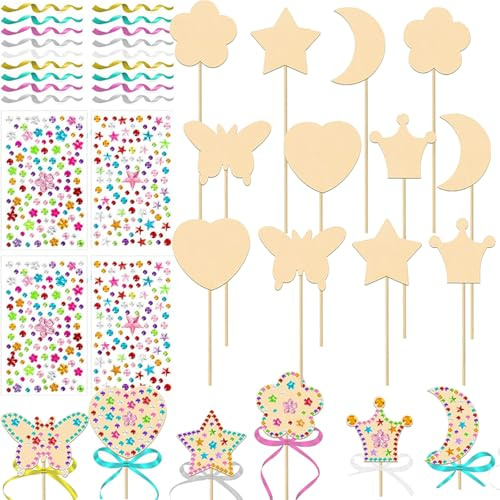 XDGBGFN Lot de 18 baguettes de fée en bois avec autocollants en strass, rubans colorés, baguettes brutes pour filles, projets d'art et d'artisanat, cadeaux de fête d'anniversaire