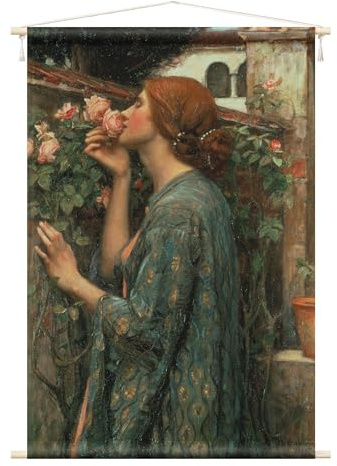 micasia Wandteppich John William Waterhouse Kunstdruck Stoffbild inkl. Holzstäbe & Seile Wanddeko - Made in Germany - Rose Modern türkis Wohnzimmer Schlafzimmer Wandbehang 1381 (90x135cm)