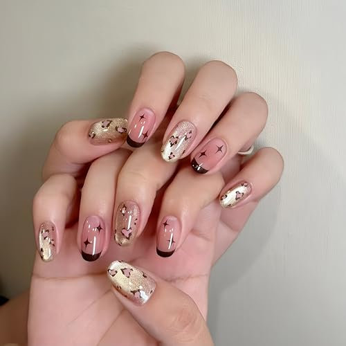 KQueenest Press On Nails Short Oval, Dark Red French Tip False Nails with Glue, Bold Leopard Print Fake Nail Press ons with Star Design, Reusable Blush Pink Glue on Nails for Women 24 Pcs