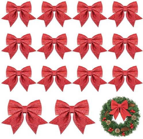KASURE 14 Stück 12x15cm Weihnachtsschleifen Rot Schleifen Weihnachten Glitzer Schleifen Weihnachtsbaum Weihnachtsbaumschmuck Deko für Zuhause Festival Party Baumkranz Dekorationen