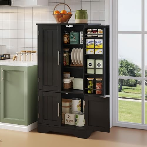 EURHCIO Buffet Cuisine 60×40×120cm,Meuble Cuisine,Buffet Salle a Manger avec Éclairage LED,2 Étagères Réglable,Support à épices Réglable,Armoire,4 Portes,pour Salon(2,F-Noir)