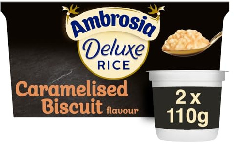 Ambrosia Deluxe Caramelised Biscuit Rice Pudding, 8 Pots x 110 g | Creamy Texture, Vegetarian Friendly, Ready to Eat, Convenient Portions, Gourmet Dessert