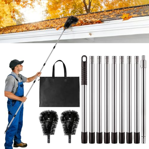 LrqzHsyl Gutter Cleaning Tools from The Ground - 12.7FT Long Adjustable gutter Cleaner & Brush, No Ladder Needed | Gutter Clean Out Tool Makes it Easy To Clean Leaves, Branches And Debris from Gutters