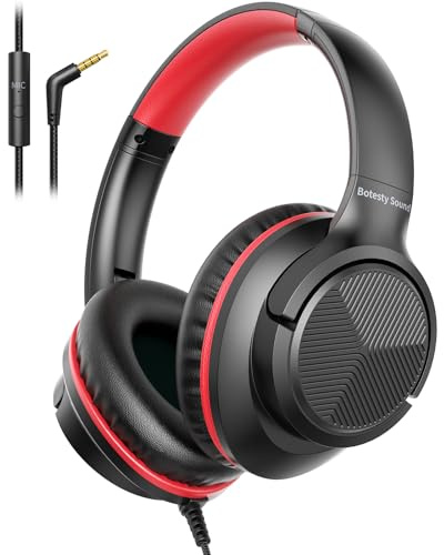 Wired Headphones with Microphone, 3.5mm Headphones for School, Black Red | Wired Over Ear Foldable Plug in Headphones, 4.9ft Tangle-Free Nylon Cord for School, Tablet, Laptop, MP3/4, Airplane Travel