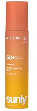 ATTITUDE Mineral Sonnenspray SPF 50, breites Wirkungsspektrum Zinkoxid geprüft, EWG No Nano, kein Spray, Wasserfest, Leicht für Gesicht und Körper, vegan, tropischer Duft
