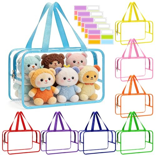 8 Pack Toy Storage Bags with Handles – Clear PVC Zippered Bags | for Building Blocks, Puzzles, and Travel – Reusable, Waterproof, and Label-Ready – 34cm x 24cm x 18cm (8 Assorted Colours)