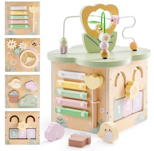ROBUD Motorikwürfel aus Holz für Kinder, Aktivitätswürfel, Klein | Motorikspielzeug ab 12 Monaten, Montessori Blumengarten-Design, fördert Sinne und Motorik