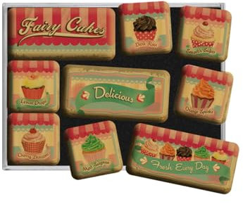 Nostalgic-Art Juego de Imanes Retro, Fairy Cakes – Delicious – Idea de Regalo para la Cocina, Decoración para la Nevera, Diseño Vintage, 9 Unidades