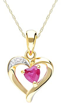 Ivy Gems 9ct Yellow Gold Ruby and Diamond Heart Pendant with 46cm Chain
