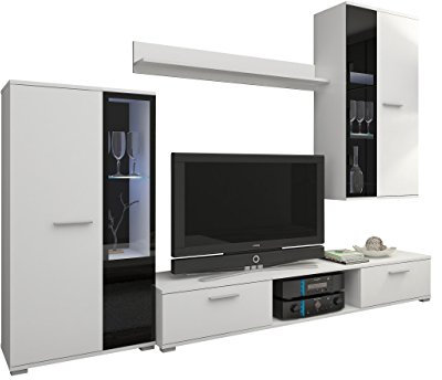 Mirjan24 Wohnwand Salsa, Design Mediawand, Modernes Wohnzimmer Set, Anbauwand, Hängeschrank, Vitrine, TV Lowboard, (Weiß, mit Blauer LED Beleuchtung)