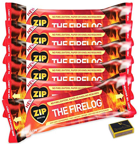 9 X ZIP Firelog. Instant Smokeless Fuel - DEFRA Approved! Fast Lighting Clean Burning, Easy, Cosy Fire for up to 90 Minutes & Tigerbox Safety Matches