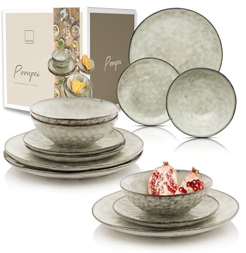 Sänger | Tafelservice Pompei aus Steingut, 12-teiliges Geschirrset für 4 Personen, Tellerset im Vintage-Design…